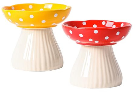 Liemuao 2 Pièces Gamelle Chat Surélevée, 300ml Gamelle Céramique en Forme de Champignons, Inclinable à 15° Bol pour Chat Anti-Vomissements Bol pour Animaux de Compagnie (Jaune+Rouge)