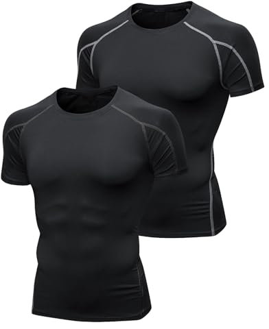 Niksa 2 Pack Compression Tops for Men Short Sleeve Mens Running Top Mesh Design Quick Dry Base Layer Top for Gym Sports Fitness Workout Cycling,Training, Black and Grey,S