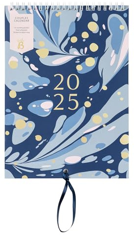 Busy B - 2025 Wandkalender für Paare - Marineblaues Marmor Slimdesign mit dualen Zeitplänen, monatlichen Steckfächern & Aufklebern - Hängekalender für Planung, Geburtstage & wichtige Termine