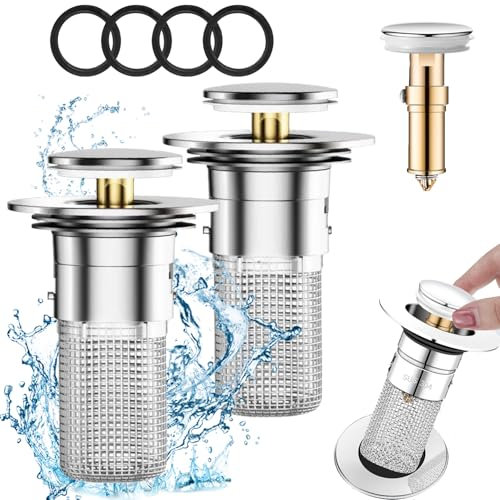2 tappi di scarico per lavandino del bagno, filtro di scarico pop-up con filtro rimovibile in acciaio inox cestello raccogli capelli, per cucina americana, bagno, lavello, tappo di ricambio