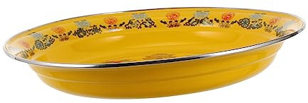 PHENOFICE Old-Fashioned Enamel Plate 30cm Yellow Flat-Bottomed Dinner Plate Vintage Style for Home and Kitchen Use