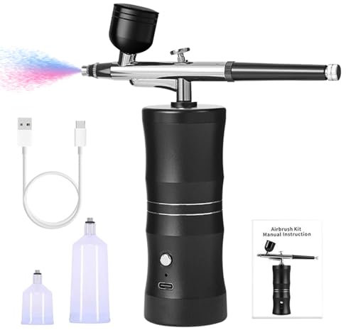 Nail Art Spray Gun Kit, Rechargeable Airbrush Spray Gun with Compressor Portable Handheld Alloy Electric Air Brush, for Tattoo Nail Art Cake Painting