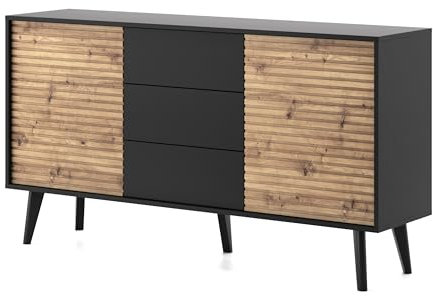 DomoHome Kommode Sideboard Loft-Style Willow Schwarz + Artisan Eiche 104x83x39 cm – 2 Türen, 3 Schubladen, Griffloses Öffnungssystem, Modernes Design für Wohnzimmer
