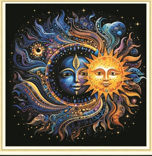 Meecaa Kreuzstich-Set, 11-fädig, geprägt, Yin-Yang-Sonne-Stickset mit Zubehör, vorgedruckt (36 x 36 cm) (Gesicht)