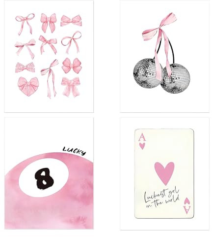 LECTNORE Rosa Wandkunst, 4-teilige Wanddekoration, Kunst, Coquette-Raumdekoration, Preppy-Raumdekoration, rosa Schleifen-Poster für Raumdekoration (4 Modelle, 20 x 25 cm, ungerahmt)