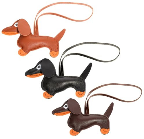 Lusofie 3 Stück Leder Dackel Schlüsselanhänger Set Taschenanhänger Tasche Welpe Hundetasche Anhänger Bag Charms Hundeförmiger Tierisch Keychain Süßes Hund Deko Dackel Geschenke Für Frauen Männer