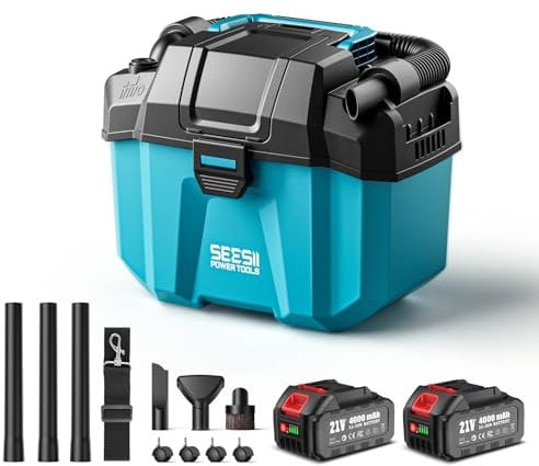 Seesii Aspiratutto Solidi e Liquidi, 2x4000mAh Batterie, 10L Aspirapolvere Bidone, 2 Velocità, Tracolla, 4 Ruote e Accessori, Ideale per Auto/Cantiere/Esterno/Casa (Blu)
