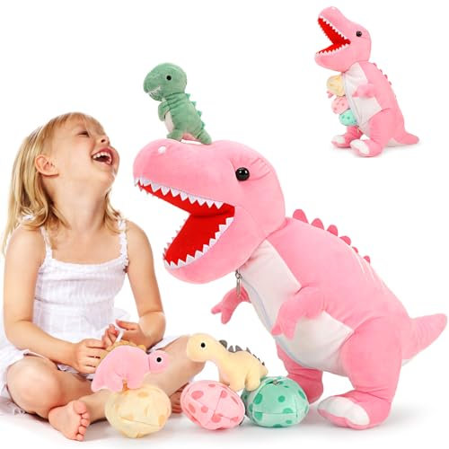 MorisMos 60cm hoch riesen Dino Kuscheltier XXL mit 3 Baby im Bauch, Rosa groß Dinosaurier Plüschtier Stofftier, weich Plüschdino Geburtstag Weihnachten Geschenk