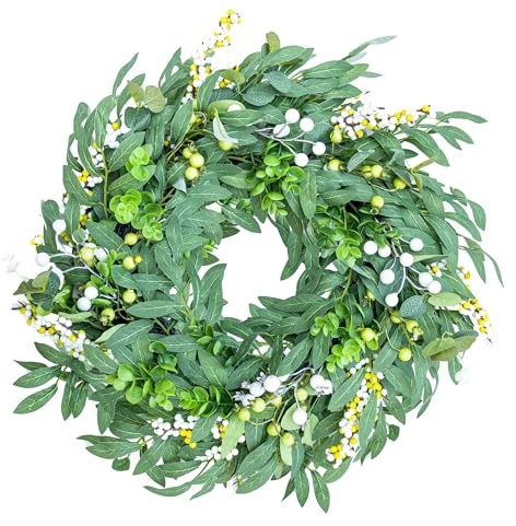 Künstliche Frühlings- und Sommerkränze für Haustür, grüner Eukalyptusblattkranz, Dekor, Buchsbaum mit großen Beeren, für Bauernhaus, draußen, ganzjährig