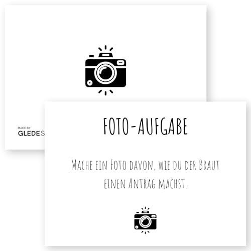 GLEDESTUND Fotoaufgaben JGA Braut – 60 Karten mit 50 kreativen Aufgaben + 10 Blanko-Karten, Nachhaltig produziertes JGA Spiel, Modernes schlichtes Design für Jung & Alt