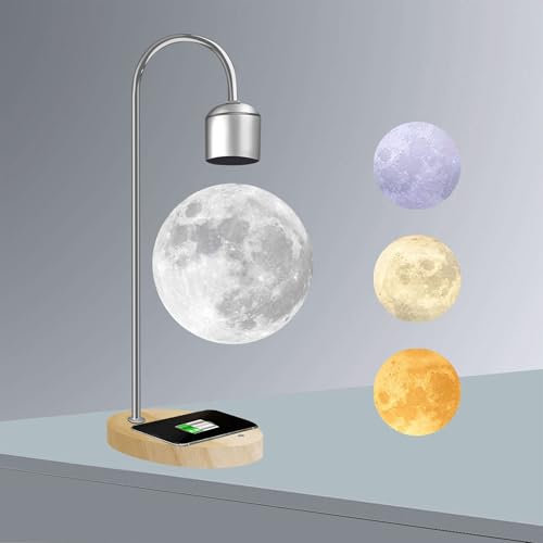 AoLa Mondlampe mit Magnetische schwebende, Mond-Tischlampe mit 3 Farben Touch Control und Kabellose Ladefunktion Geschenke, Nachtlicht, Schreibtisch-Dekoration,Chrome