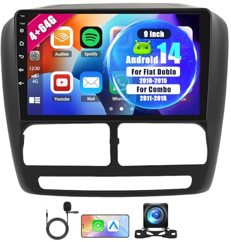 4G+64G Android 14 Car Stereo for Fiat Doblo 2010-2015, for Combo 2011-2018 with carplay Android Auto, 9 Inch 2DIN Car Radio with Mirror Link GPS Nav WiFi Bluetooth FM SWC+Backup Camera
