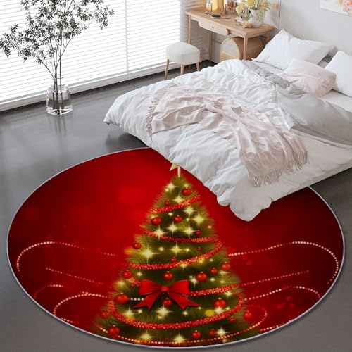 Generico Tappeto Natalizio Rotondo in Flanella 150 cm, Antiscivolo Albero Di Natale Decorazioni Natalizie Tema Tappeto Rotondo - Rosso Soffice Morbido Tappeti Rotondi per Soggiorno Ufficio