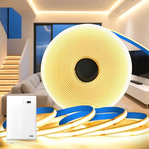 KSIBNW LED Streifen Batterie, 2M Lichterkette Batterie COB LED Strip Batteriebetrieben Warmweiß 3000K Lichtleiste LED Selbstklebend Indirekte Beleuchtung für Küche Vitrinen Treppen Bücherregal
