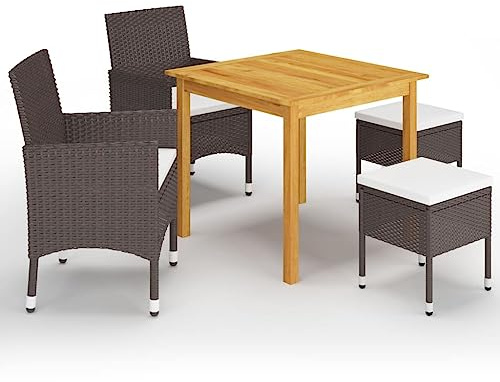 QJBSAVVA 5-TLG. Garten-Essgruppe Braun 85x85x74 cm Holztisch & PE-Rattan Stühle mit Cremekissen Balkon-Set