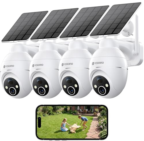 YESKANO Telecamera Wi-Fi Esterno 2K Senza Fili Con Pannello Solare, 4PZ | 360° PTZ, Videocamera Sorveglianza A Batteria, Visione Notturna A Colori, Rilevamento Umano/PIR con Allarme, 2.4GHz, Bianco