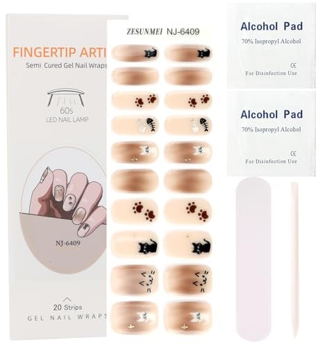 MOTIBACK 20pcs Cute Cat Gel Nail Stickers, Semi Cured Gel Nail Wraps with UV/LED Lamp, DIY Nail Art Kit Includes Wood Stick, File & Pads