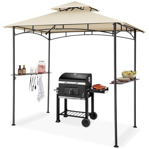 tectake® Gazebo per Barbecue 240x150x250 cm, Gazebo Esterno Resistente alle intemperie, Telo Impermeabile Protezione UV, Doppio Tetto Antivento, 2 Ripiani, Apribottiglie Integrato - Sabbia