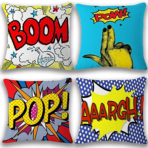 JOTOM weiche Kissenbezüge aus Baumwolle und Leinen, 45 x 45 cm, 4er Set Boom Pop