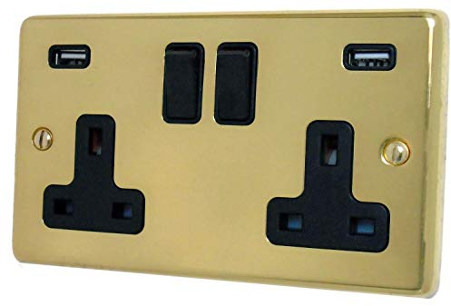 G&H CB910B Standard Plate Polished Brass 2 Gang Double 13A Switched Plug Socket 2.1A USB
