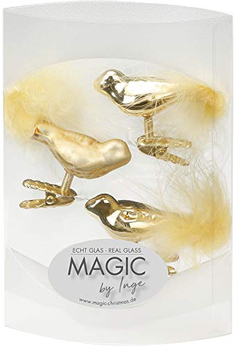 MAGIC 3 Vögel 4,5 cm Glas Weihnachtsschmuck Weihnachtsdeko Christbaumkugeln Christbaumschmuck 45mm (Brokatgold Gold)