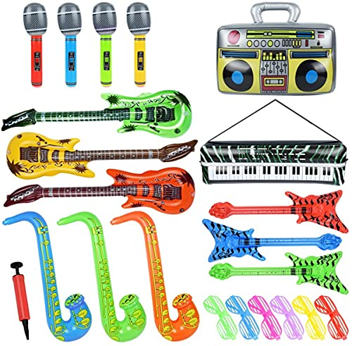 LATERN 22 Stück Aufblasbare Musikinstrumente, aufblasbare Rockstar Spielzeug Gitarren Saxophone Mikrofone Radio Keyboard Bässe und Gläser für Gefälligkeiten Dekoration Fotokabinen Requisiten