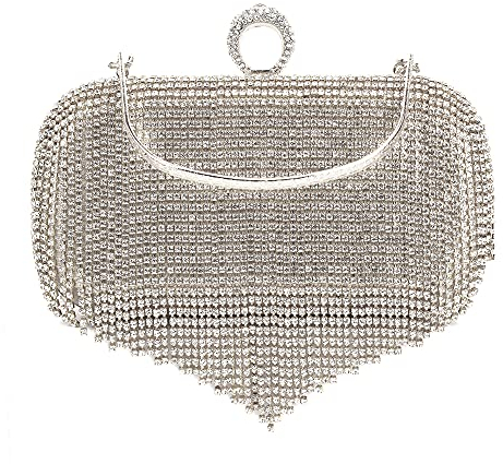 MEGAUK Damen Glitzer Clutch Kristall Fransen Abendtasche Unterarmtasche mit Abnehmbare Kette für Hochzeit Wedding Ball Bankett Prom Party, Silber