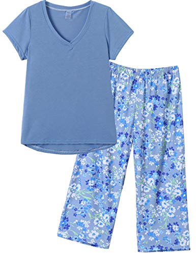 MyFav Damen Stilvoll Schlafanzug Sommer Zweiteiliger V Ausschnitt Pyjama Lounge Hausanzug(blau,XL)
