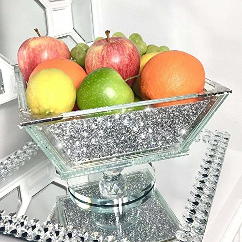 Biznest XL Silver Glass Fruit Bowl Bling Crushed Diamond Gifts for All Occasion Home Decor