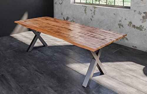 SAM Esstisch Dora 300 x 100 cm, Mangoholz massiv, lackiert & naturfarben, Baumkantentisch mit X-Metallgestell in Silber, echte Baumkante, 26 mm