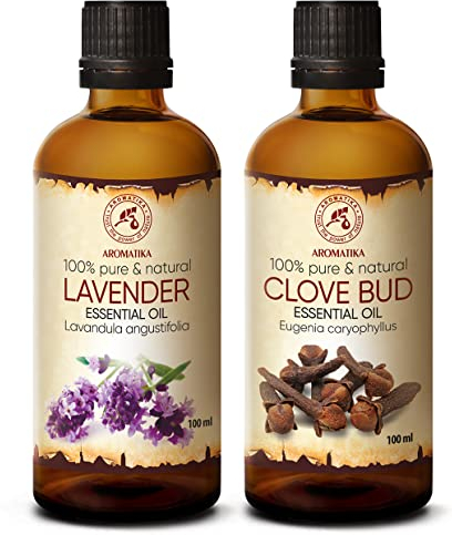 Aceite Esencial de Lavanda - Lavandula Angustifolia - Aceite Esencial de Clavo 2x100ml - Eugenia Caryophyllus - Aceite Esencial de Aromaterapia - Aceite Puro y Natural - Difusores y Velas Caseras