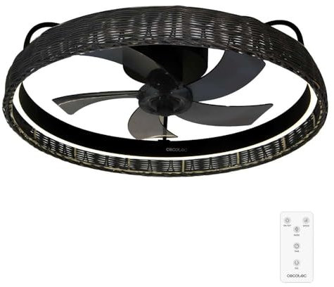 Cecotec Ventilatore da Soffitto con Luce EnergySilence LampAero 600 Black Design. Paralume in Vimini, 20 W, Lampada Inclusa, Telecomando, Timer Fino a 8 Ore, 3 Velocità, 5 Pale, Estate/Inverno
