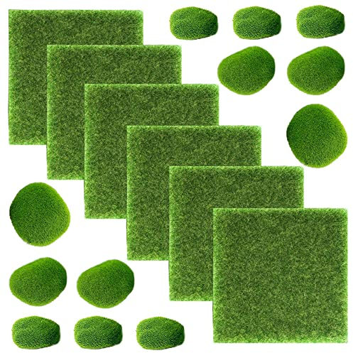 Sctmda Künstliche Rasen 6 Stück Kunstrasen Künstliche Moos Miniatur Garten Verzierung Simulation Gras Rasen Kunstrasenteppich 15x15cm und Künstliche Moos Steine in 3 Größe für DIY