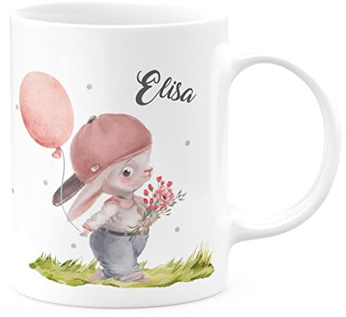 miKalino Keramik Tasse Fröhlicher Hase mit Cappy und Wunschname - handbedruckt in Deutschland | Kaffee Becher Kaffeetasse Geschenk, Farbe:weiss, Grösse:330ml
