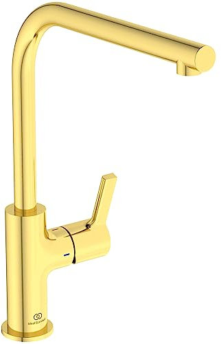 Ideal Standard - Gusto, Miscelatore monocomando per lavello da cucina, Bocca ad L tubolare ed erogazione orientabile, Brushed Gold