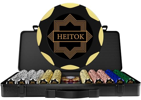 HEITOK 500 professionelles Clay Poker Chips Set mit hochwertiger Tragetasche,Plastik Pokerkarten, Dealer Button - 14g gewichtete Clay-Blank-Chips