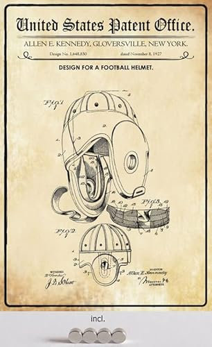 Metall Schild 20x30cm mit 4 Magneten Patent Entwurf für einen Football Helm 1927 Blechschild