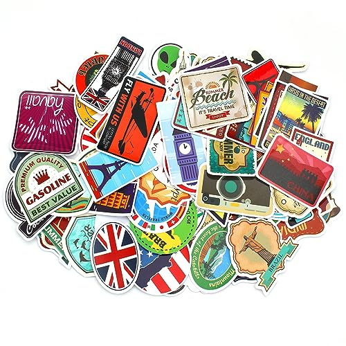 FINEASY 100 Stück Vintage Reise Etiketten, Reise Aufkleber Sticker für Laptop, Vintage Sticker Set Wasserfeste Sticker Retro-Stil Vinyl Stickers für Laptop Skateboard Koffer Auto Motorrad Fahrrad