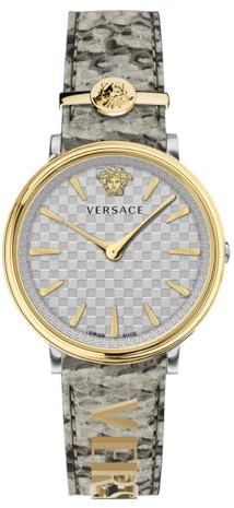 Versace Damen-Armbanduhr mit Quarzuhrwerk, Armband aus grauem Leder, Gehäuse aus Edelstahl, analoges Display, Grau - VE8104422