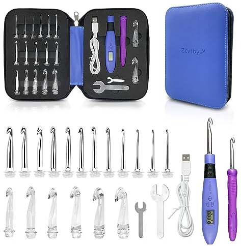 Transplant Set di uncinetti 18 in 1 con contatore e luce a LED, con chiave grande/piccola, manico di ricambio e custodia, per uncinetto e lavoro a maglia