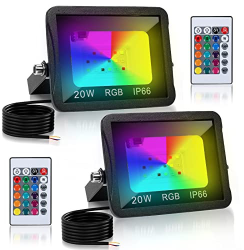 Herrselsam Projecteur LED RGB 20W, Projecteur LED RGB avec Télécommande, Spot LED Extérieur Dimmable avec 16 Couleurs 4 Modes IP66 Etanche Projecteur RGB pour Fête, Jardin, Ambiance Lumière