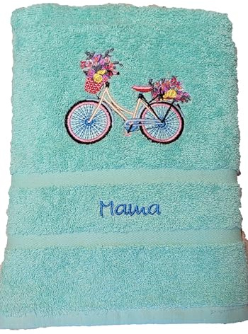Set Handtuch Duschtuch, Noten Notenschlüssel Fahrrad Baumwolle Bestickt, Namen NEU ((Fahrrad mit Blumen, türkis)
