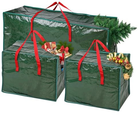 Vinsani 3pcs Extra Large Christmas Xmas Tree Decoration Storage Bags Waterproof Durable Zip Bag Xmas Accessories Décor Ornaments Baubles Tinsels Lights Organiser with Handles Prevents Moisture & Dust
