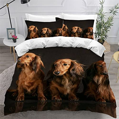 MEVASA Bettwäsche 135x200 Langhaardackel Bettwäsche-Set 3 Teilig 3D-Druck Hund Tier Bettbezug 135x200 mit Reißverschluss Weiche Mikrofaser Kinderbettwäsche mit 2 Kissenbezug