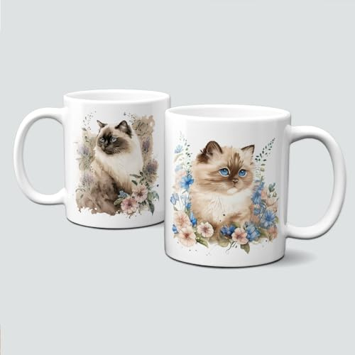 online-hut - Tasse - Kaffeebecher - Lieblingstasse - verträumte Katzen/Kittentasse mit Blumen - LT-219