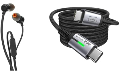 JBL Tune 110 – In-Ear Kopfhörer mit verwicklungsfreiem Flachbandkabel und Mikrofon in Schwarz – Für grenzenlosen Musikgenuss mit der Pure Bass Sound Technologie & INIU USB C Kabel