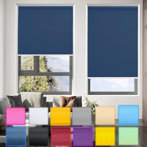 Klemmfix ohne Bohren Verdunklungsrollo 75 x 60 cm Einfache Installation, Klemmfix, Seitenzugrollo Verdunkelung Rollos mit Klemmträger, für Fenster und Tür, Dunkelblau