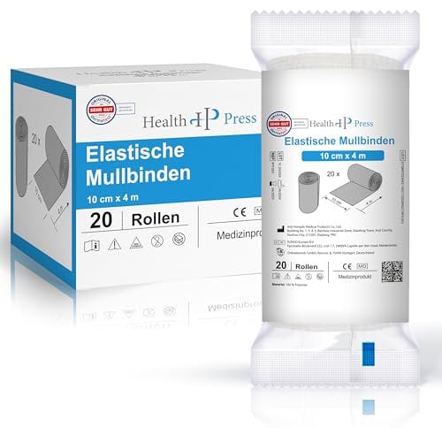 Health Press® Bende di garza – Materiale di medicazione (10 cm x 4 m) 20 rotoli – bendaggio elastico – dispositivo medico – bendaggio di fissaggio dermatologicamente testato – bendaggio ideale per