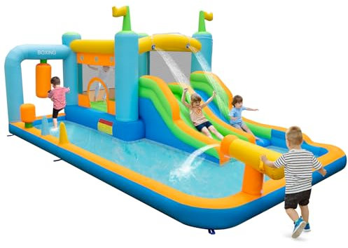 GYMAX Kids Bouncy Castle, 7 in 1 Inflatable Water Park with 2 Slides, Splash Pool, Water Cannon, Basketball Hoop, Boxing Sandbag & Ring Toss, Giant Children Bounce House for 3-10 Years Old