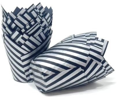 Bakery Direct 50 Standard Size Tulip Muffin Wraps (Black with Silver Stripe)